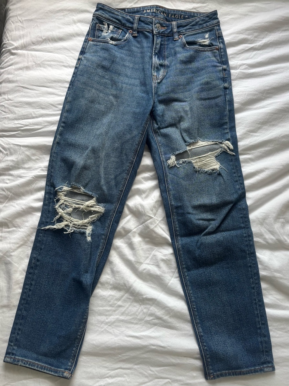 American Eagle Outfitters Blue High-Rise Distressed Mom Jeans